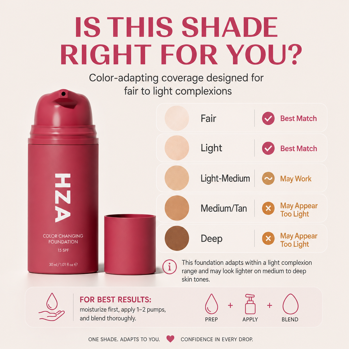 Color Changing Liquid Foundation for Fair to Light Skin Tones, SPF 15 with Hyaluronic Acid | Lightweight Hydrating Face Makeup
